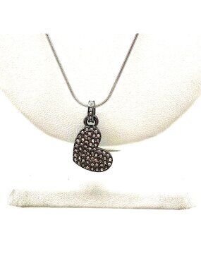 Gunmetal Heart Pendant with Clear Pave Crystals on Silver Tone Snake Chain